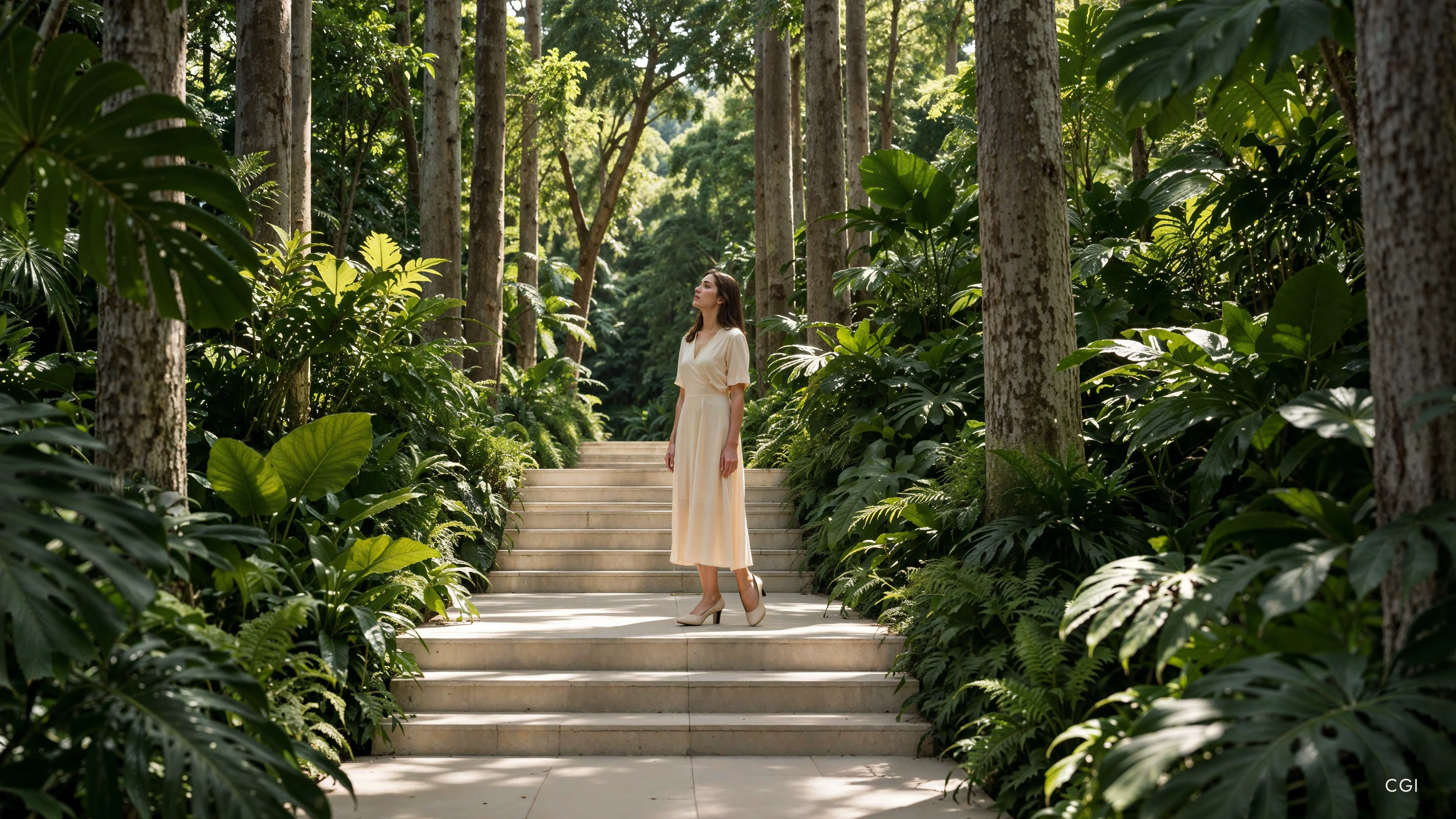 Woman on stepped forest path